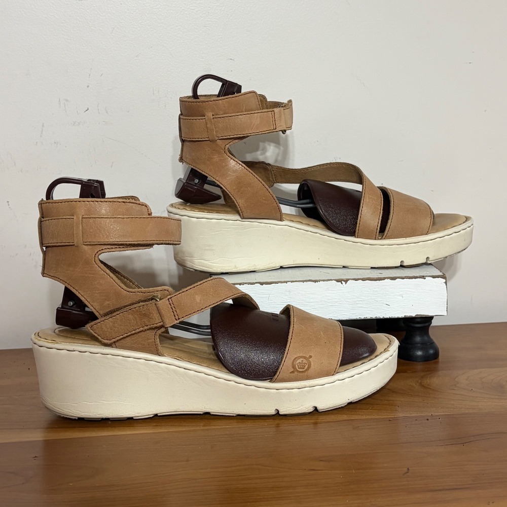 Born Tan Leather Wedge Sandals Womens 11M Brown Gladiator Platform